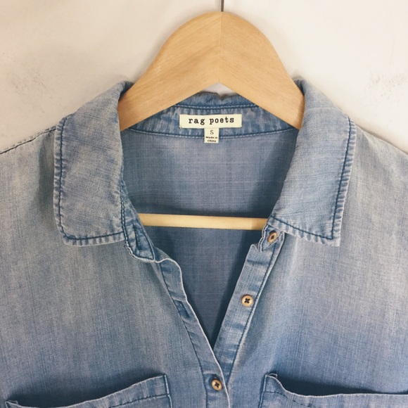 Rag Poets split hem fray edge chambray denim top - Picture 5 of 6